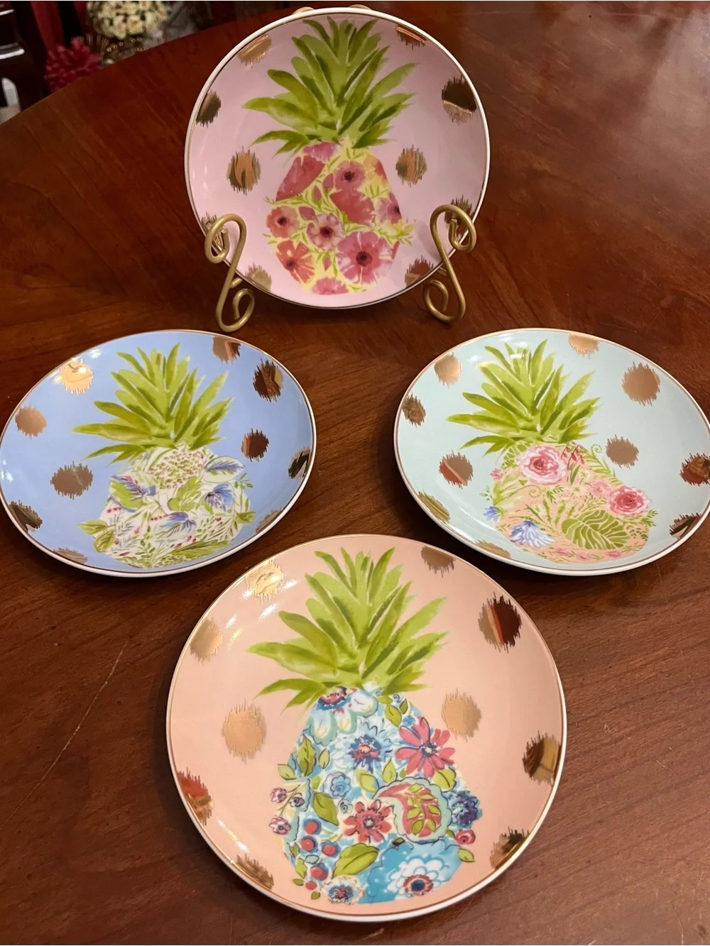 VTG Pier 1 Imports Pineapple Appetizer Plates Pastel Gold Polka Dot Set of 4